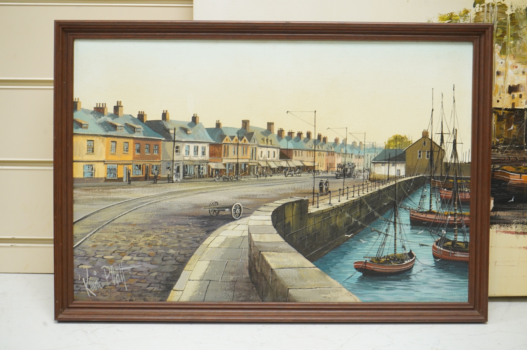 Kevin Platt (b.1945), Padstow Harbour and another harbour scene, each signed, two oils on canvas, one framed, largest 45 x 91cm